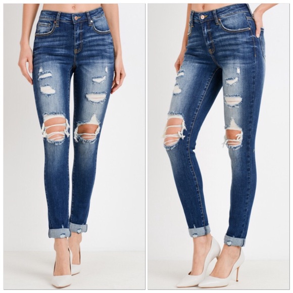 🆕Medium Dark Blue High-Waist Busted Knee Distressed Straight-Leg Skinny Jeans - Picture 4 of 5
